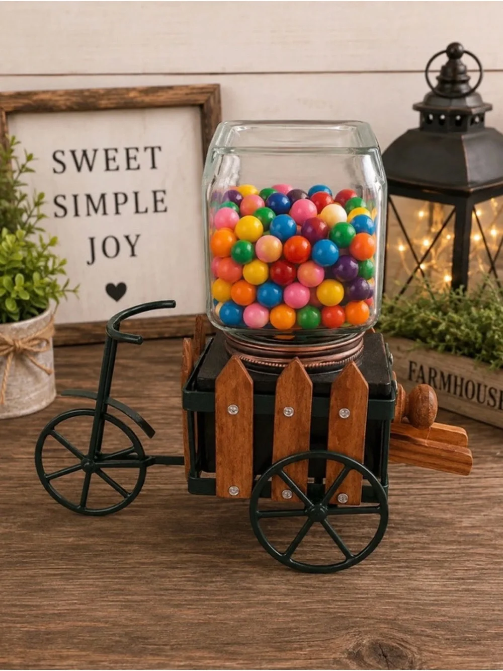 Rustic Wooden Tricycle Candy Jar - Multicolor Gumballs